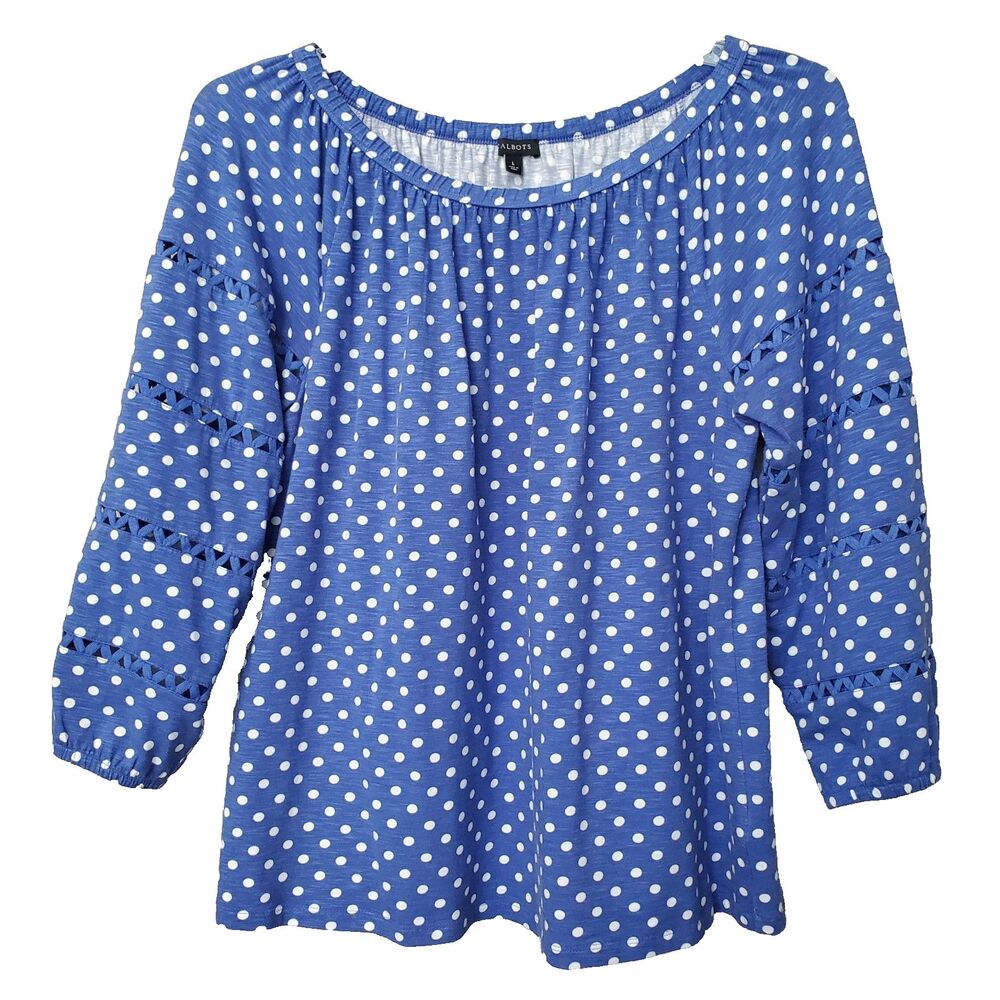 TALBOTS Cotton Blend Blue Polka Dot Scoop Neck Blouse w/Ric-Rac Trim Sleeves LGE